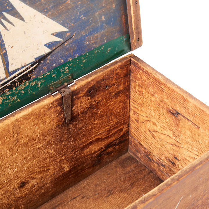 19th Century New England Sea Chest with Folk Art Painted Lid