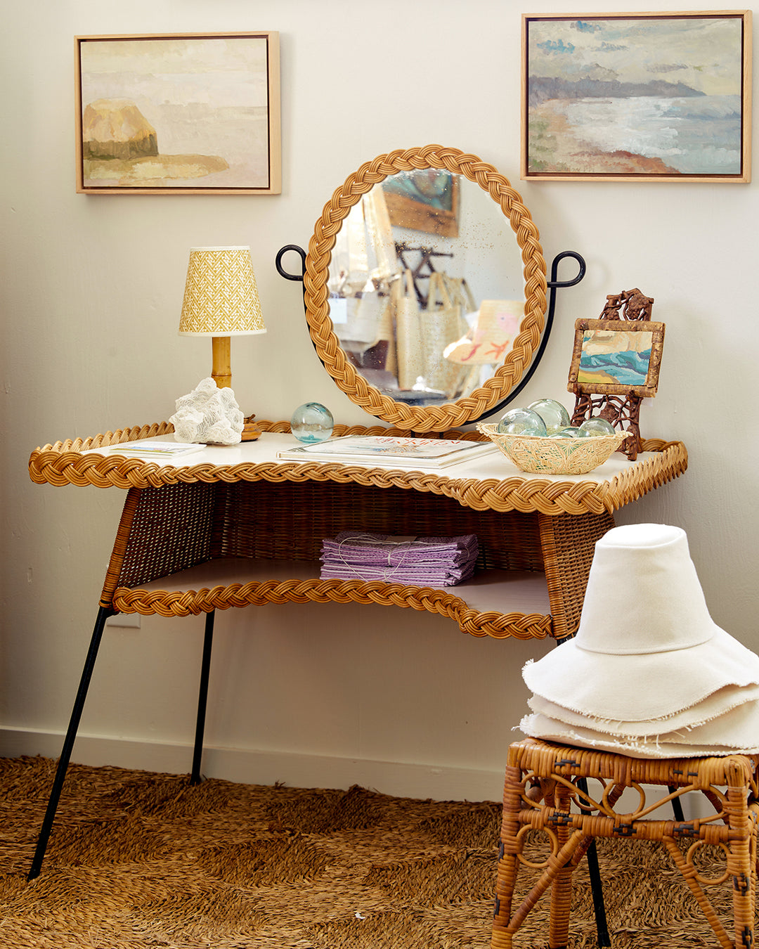 Mid-Century Wicker &amp; Iron Vanity