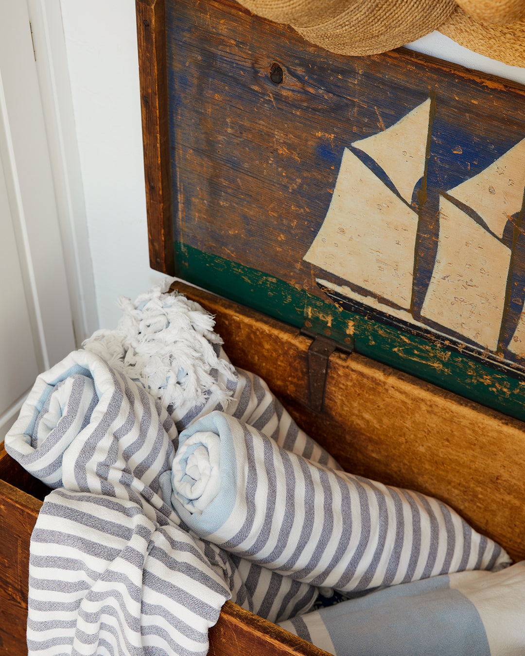 19th Century New England Sea Chest with Folk Art Painted Lid