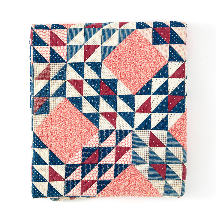 Pink and Indigo Ocean Wave Quilt, circa 1890-1910