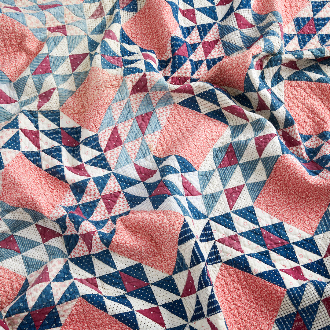 Pink and Indigo Ocean Wave Quilt, circa 1890-1910