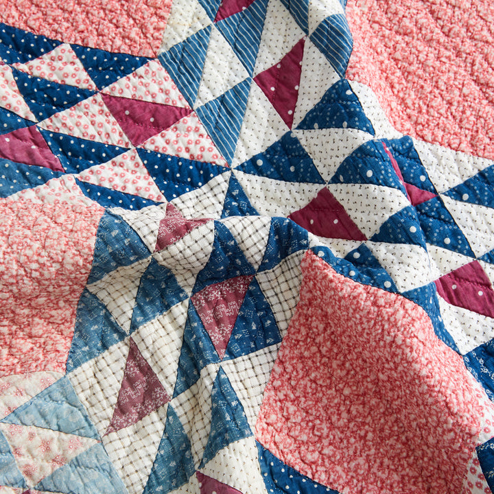 Pink and Indigo Ocean Wave Quilt, circa 1890-1910
