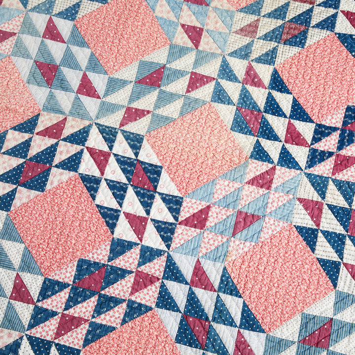 Pink and Indigo Ocean Wave Quilt, circa 1890-1910