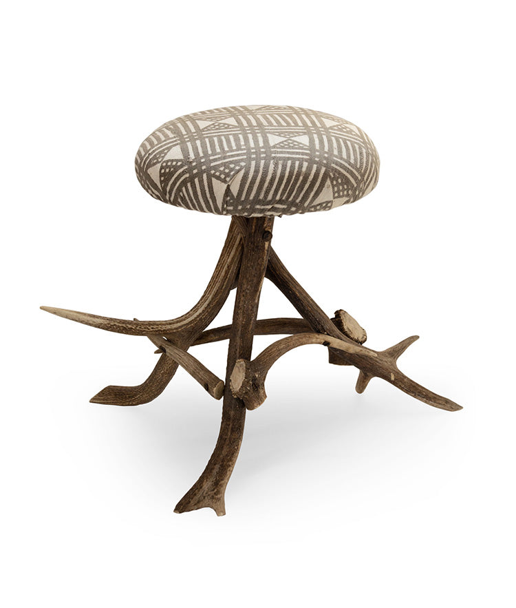 Vintage Antler Stool with African Cloth Upholstery
